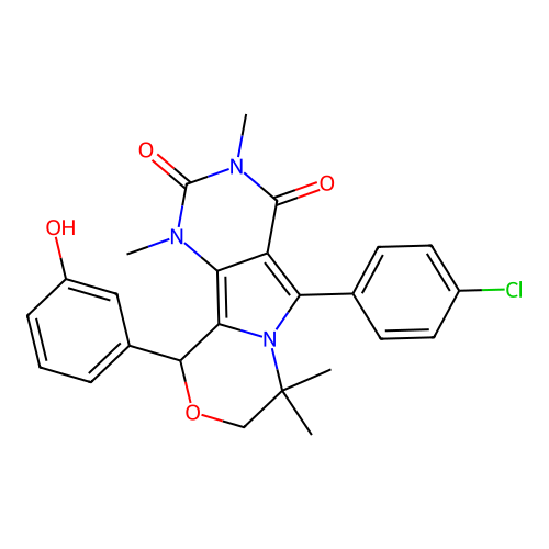 5-(4-chlorophenyl)-10-(3-hydroxyphenyl)-1,3,7,7-tetramethyl-1,7,8,10-tetrahydro-2H-pyrimido[4',5':3,4]pyrrolo[2,1-c][1,4]oxazine-2,4(3H)-dione structure