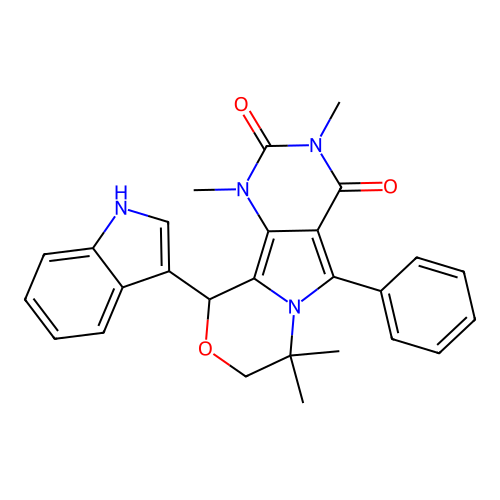 10-(1H-indol-3-yl)-1,3,7,7-tetramethyl-5-phenyl-1,7,8,10-tetrahydro-2H-pyrimido[4',5':3,4]pyrrolo[2,1-c][1,4]oxazine-2,4(3H)-dione structure