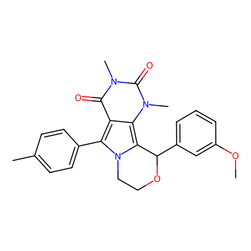 10-(3-methoxyphenyl)-1,3-dimethyl-5-(4-methylphenyl)-1,7,8,10-tetrahydro-2H-pyrimido[4',5':3,4]pyrrolo[2,1-c][1,4]oxazine-2,4(3H)-dione structure