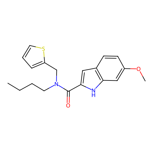N-butyl-6-methoxy-N-(thiophen-2-ylmethyl)-1H-indole-2-carboxamide structure