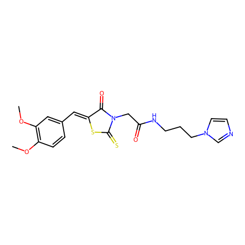 2-[(5Z)-5-(3,4-dimethoxybenzylidene)-4-oxo-2-thioxo-1,3-thiazolidin-3-yl]-N-[3-(1H-imidazol-1-yl)propyl]acetamide structure