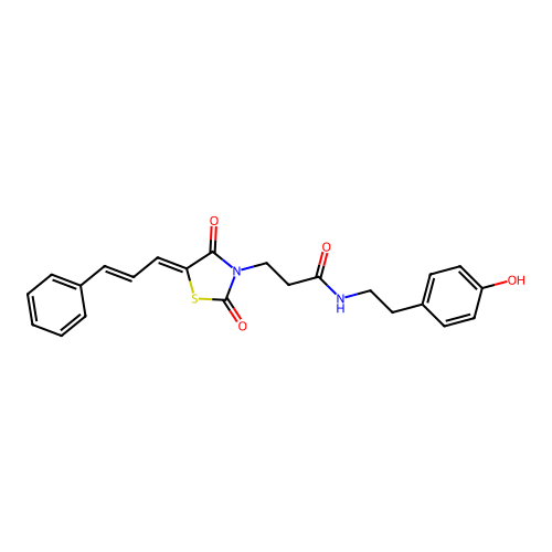 3-{(5Z)-2,4-dioxo-5-[(2E)-3-phenylprop-2-en-1-ylidene]-1,3-thiazolidin-3-yl}-N-[2-(4-hydroxyphenyl)ethyl]propanamide structure