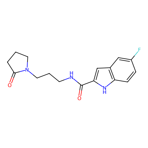 5-fluoro-N-[3-(2-oxopyrrolidin-1-yl)propyl]-1H-indole-2-carboxamide structure