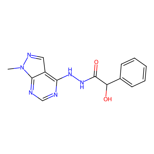 2-hydroxy-N'-(1-methyl-1H-pyrazolo[3,4-d]pyrimidin-4-yl)-2-phenylacetohydrazide structure