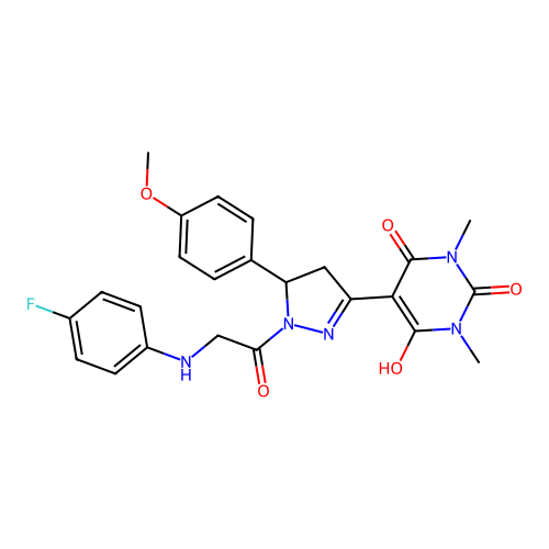5-(1-(2-((4-fluorophenyl)amino)acetyl)-5-(4-methoxyphenyl)pyrazolidin-3-ylidene)-1,3-dimethylpyrimidine-2,4,6(1H,3H,5H)-trione structure