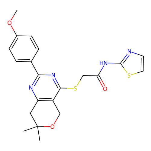 2-((2-(4-methoxyphenyl)-7,7-dimethyl-7,8-dihydro-5H-pyrano[4,3-d]pyrimidin-4-yl)thio)-N-(thiazol-2-yl)acetamide structure