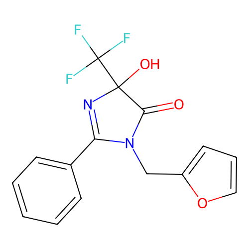3-(furan-2-ylmethyl)-5-hydroxy-2-phenyl-5-(trifluoromethyl)imidazol-4-one structure