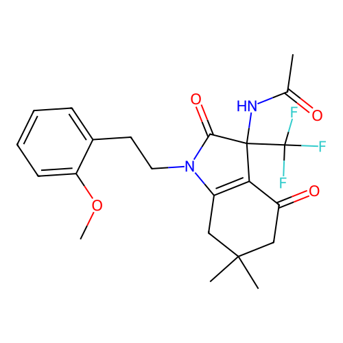 N-(1-(2-methoxyphenethyl)-6,6-dimethyl-2,4-dioxo-3-(trifluoromethyl)-2,3,4,5,6,7-hexahydro-1H-indol-3-yl)acetamide structure