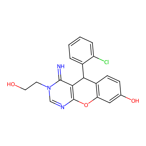 5-(2-chlorophenyl)-3-(2-hydroxyethyl)-4-imino-5H-chromeno[2,3-d]pyrimidin-8-ol structure