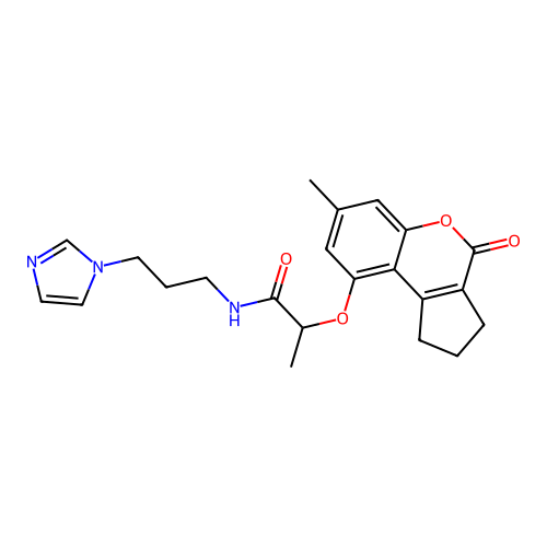 N-(3-(1H-imidazol-1-yl)propyl)-2-((7-methyl-4-oxo-1,2,3,4-tetrahydrocyclopenta[c]chromen-9-yl)oxy)propanamide structure