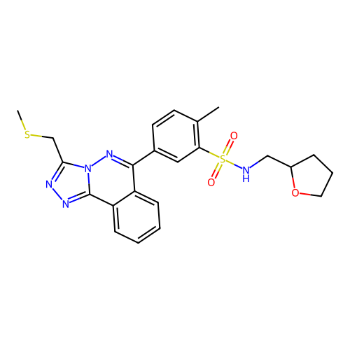 2-methyl-5-(3-((methylthio)methyl)-[1,2,4]triazolo[3,4-a]phthalazin-6-yl)-N-((tetrahydrofuran-2-yl)methyl)benzenesulfonamide structure