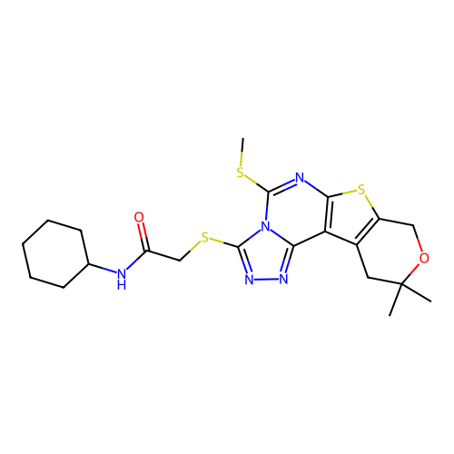 N-cyclohexyl-2-((10,10-dimethyl-5-(methylthio)-10,11-dihydro-8H-pyrano[4',3':4,5]thieno[3,2-e][1,2,4]triazolo[4,3-c]pyrimidin-3-yl)thio)acetamide structure