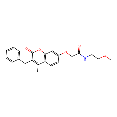 2-((3-benzyl-4-methyl-2-oxo-2H-chromen-7-yl)oxy)-N-(2-methoxyethyl)acetamide structure