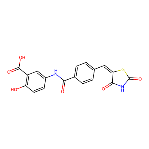 (E)-5-(4-((2,4-dioxothiazolidin-5-ylidene)methyl)benzamido)-2-hydroxybenzoic acid structure
