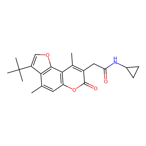 2-(3-(tert-butyl)-4,9-dimethyl-7-oxo-7H-furo[2,3-f]chromen-8-yl)-N-cyclopropylacetamide structure