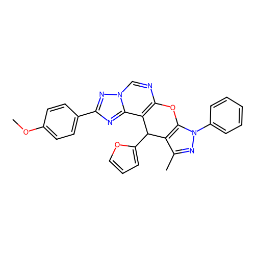 11-(furan-2-yl)-2-(4-methoxyphenyl)-10-methyl-8-phenyl-8,11-dihydropyrazolo[4',3':5,6]pyrano[3,2-e][1,2,4]triazolo[1,5-c]pyrimidine structure