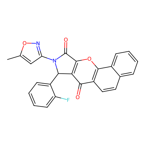 8-(2-fluorophenyl)-9-(5-methyl-3-isoxazolyl)-8,9-dihydrobenzo[7,8]chromeno[2,3-c]pyrrole-7,10-dione structure