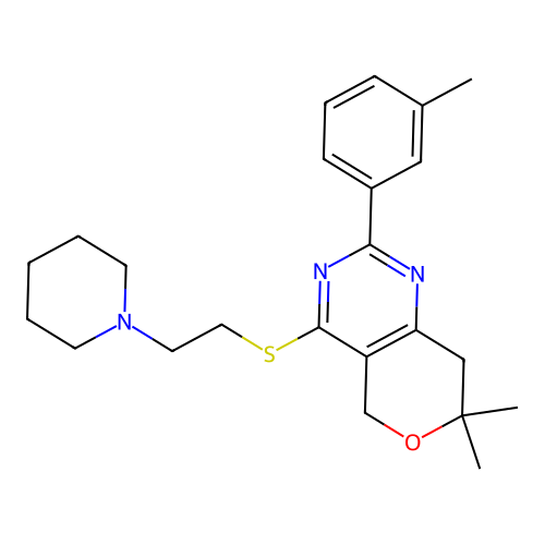 7,7-dimethyl-2-(3-methylphenyl)-4-(2-piperidin-1-ylethylsulfanyl)-5,8-dihydropyrano[4,3-d]pyrimidine structure
