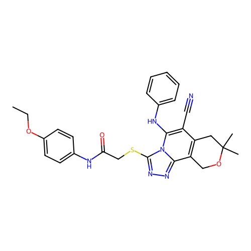 2-((6-cyano-8,8-dimethyl-5-(phenylamino)-8,10-dihydro-7H-pyrano[3,4-c][1,2,4]triazolo[4,3-a]pyridin-3-yl)thio)-N-(4-ethoxyphenyl)acetamide structure