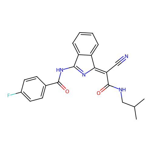 (Z)-N-(1-(1-cyano-2-(isobutylamino)-2-oxoethylidene)-1H-isoindol-3-yl)-4-fluorobenzamide structure