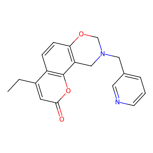 4-ethyl-9-(pyridin-3-ylmethyl)-8,10-dihydropyrano[2,3-f][1,3]benzoxazin-2-one structure
