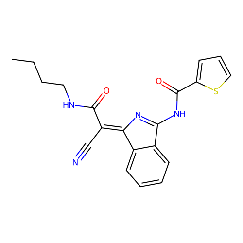 (Z)-N-(1-(2-(butylamino)-1-cyano-2-oxoethylidene)-1H-isoindol-3-yl)thiophene-2-carboxamide structure
