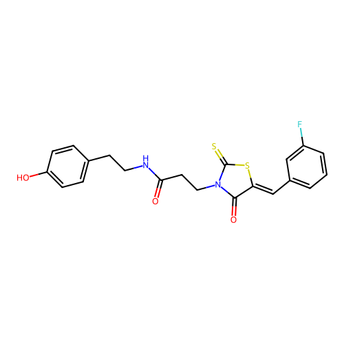 3-[(5Z)-5-(3-fluorobenzylidene)-4-oxo-2-thioxo-1,3-thiazolidin-3-yl]-N-[2-(4-hydroxyphenyl)ethyl]propanamide structure