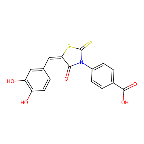 4-[(5E)-5-(3,4-dihydroxybenzylidene)-4-oxo-2-thioxo-1,3-thiazolidin-3-yl]benzoic acid structure