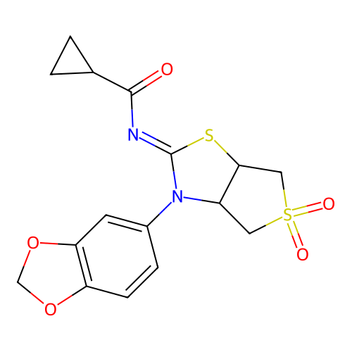 N-[(2Z)-3-(1,3-benzodioxol-5-yl)-5,5-dioxidotetrahydrothieno[3,4-d][1,3]thiazol-2(3H)-ylidene]cyclopropanecarboxamide structure