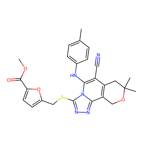 methyl 5-(((6-cyano-8,8-dimethyl-5-(p-tolylamino)-8,10-dihydro-7H-pyrano[3,4-c][1,2,4]triazolo[4,3-a]pyridin-3-yl)thio)methyl)furan-2-carboxylate structure