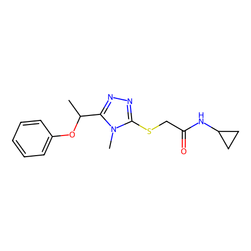 N-cyclopropyl-2-{[4-methyl-5-(1-phenoxyethyl)-4H-1,2,4-triazol-3-yl]sulfanyl}acetamide structure