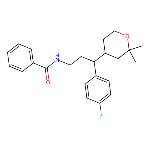 N-(3-(2,2-dimethyltetrahydro-2H-pyran-4-yl)-3-(4-fluorophenyl)propyl)benzamide structure