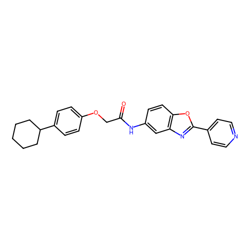 2-(4-cyclohexylphenoxy)-N-(2-pyridin-4-yl-1,3-benzoxazol-5-yl)acetamide structure