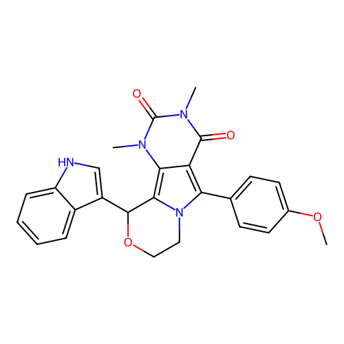 10-(1H-indol-3-yl)-5-(4-methoxyphenyl)-1,3-dimethyl-1,7,8,10-tetrahydro-2H-pyrimido[4',5':3,4]pyrrolo[2,1-c][1,4]oxazine-2,4(3H)-dione structure