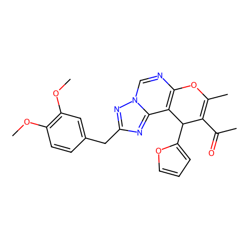 1-[2-(3,4-dimethoxybenzyl)-10-(furan-2-yl)-8-methyl-10H-pyrano[3,2-e][1,2,4]triazolo[1,5-c]pyrimidin-9-yl]ethanone structure