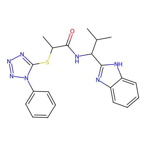 N-[1-(1H-benzimidazol-2-yl)-2-methylpropyl]-2-(1-phenyltetrazol-5-yl)sulfanylpropanamide structure