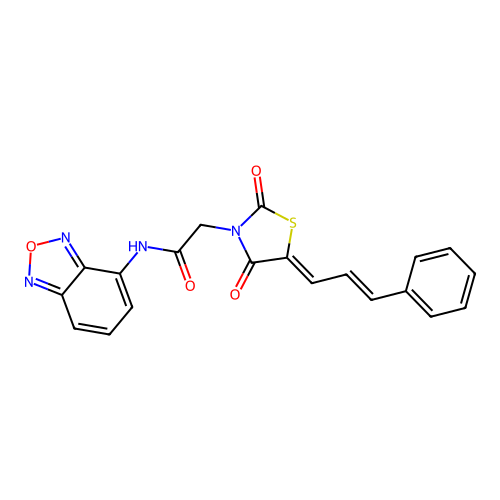 N-(2,1,3-benzoxadiazol-4-yl)-2-{(5Z)-2,4-dioxo-5-[(2E)-3-phenylprop-2-en-1-ylidene]-1,3-thiazolidin-3-yl}acetamide structure