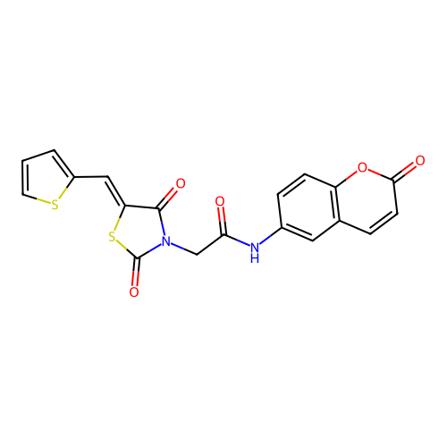 2-[(5Z)-2,4-dioxo-5-(thiophen-2-ylmethylidene)-1,3-thiazolidin-3-yl]-N-(2-oxo-2H-chromen-6-yl)acetamide structure