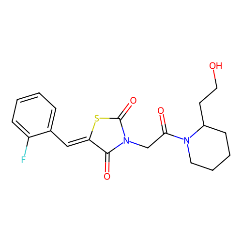 (5Z)-5-(2-fluorobenzylidene)-3-{2-[2-(2-hydroxyethyl)piperidin-1-yl]-2-oxoethyl}-1,3-thiazolidine-2,4-dione structure