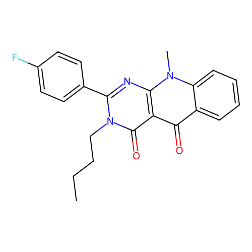 3-butyl-2-(4-fluorophenyl)-10-methylpyrimido[4,5-b]quinoline-4,5(3H,10H)-dione structure