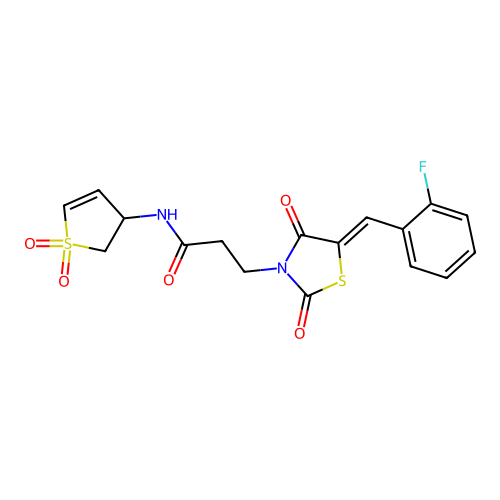 N-(1,1-dioxido-2,3-dihydrothiophen-3-yl)-3-[(5Z)-5-(2-fluorobenzylidene)-2,4-dioxo-1,3-thiazolidin-3-yl]propanamide structure