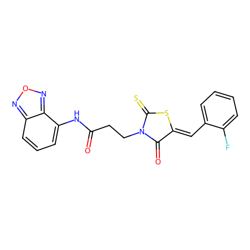 N-(2,1,3-benzoxadiazol-4-yl)-3-[(5Z)-5-(2-fluorobenzylidene)-4-oxo-2-thioxo-1,3-thiazolidin-3-yl]propanamide structure