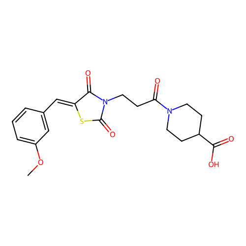 (Z)-1-(3-(5-(3-methoxybenzylidene)-2,4-dioxothiazolidin-3-yl)propanoyl)piperidine-4-carboxylic acid structure