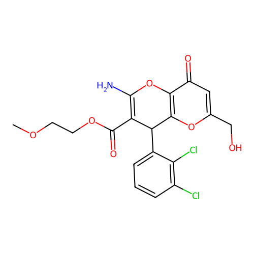 2-methoxyethyl 2-amino-4-(2,3-dichlorophenyl)-6-(hydroxymethyl)-8-oxo-4,8-dihydropyrano[3,2-b]pyran-3-carboxylate structure