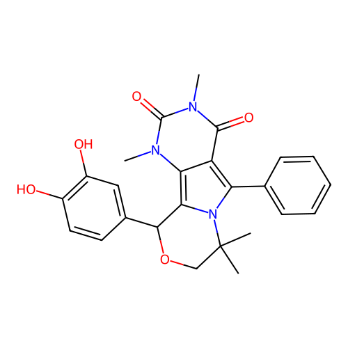 10-(3,4-dihydroxyphenyl)-1,3,7,7-tetramethyl-5-phenyl-1,7,8,10-tetrahydro-2H-pyrimido[4',5':3,4]pyrrolo[2,1-c][1,4]oxazine-2,4(3H)-dione structure
