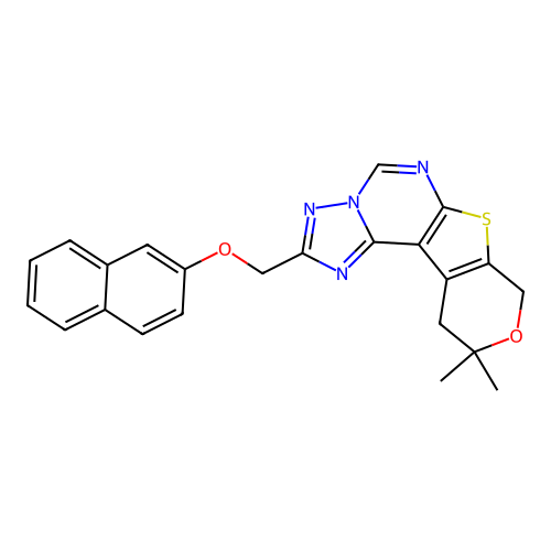 10,10-dimethyl-2-((naphthalen-2-yloxy)methyl)-10,11-dihydro-8H-pyrano[4',3':4,5]thieno[3,2-e][1,2,4]triazolo[1,5-c]pyrimidine structure