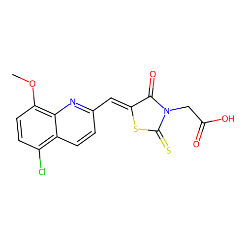 (Z)-2-(5-((5-chloro-8-methoxyquinolin-2-yl)methylene)-4-oxo-2-thioxothiazolidin-3-yl)acetic acid structure