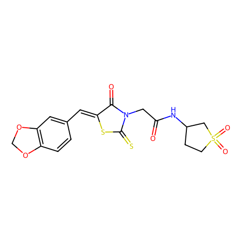 2-[(5Z)-5-(1,3-benzodioxol-5-ylmethylidene)-4-oxo-2-thioxo-1,3-thiazolidin-3-yl]-N-(1,1-dioxidotetrahydrothiophen-3-yl)acetamide structure