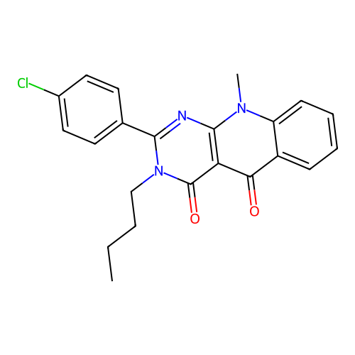 3-butyl-2-(4-chlorophenyl)-10-methylpyrimido[4,5-b]quinoline-4,5(3H,10H)-dione structure