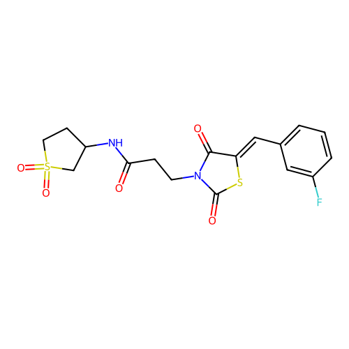 N-(1,1-dioxidotetrahydrothiophen-3-yl)-3-[(5Z)-5-(3-fluorobenzylidene)-2,4-dioxo-1,3-thiazolidin-3-yl]propanamide structure